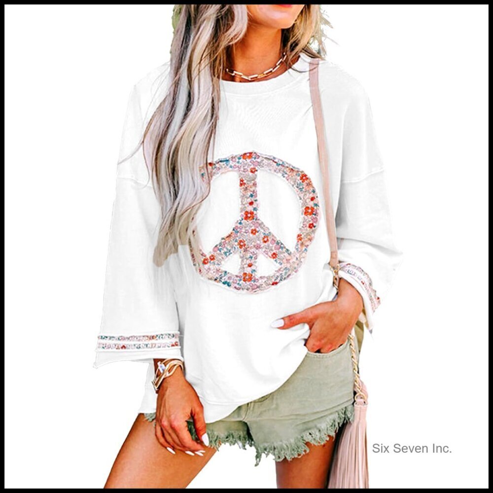 Oversized Floral Peace Symbol Sweatshirt Drop Shoulder Crewneck Pullover Y2K